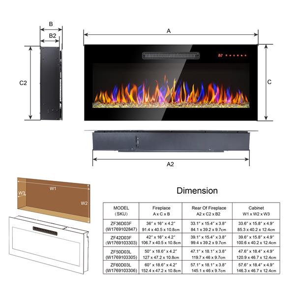 36 inch recessed ultra thin tempered glass front wall mounted electric fireplace with remote and multi color flame & emberbed, LED light heater