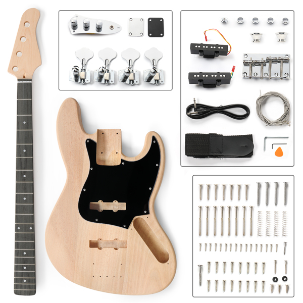 DIY 4 String Jazz Style Electric Bass Guitar Kits with Mahogany Body, Maple Neck and Accessories