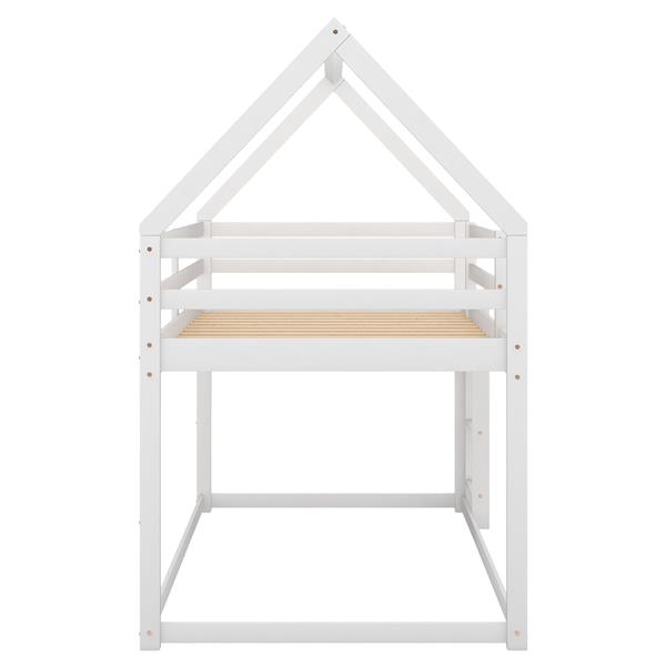 Twin over Twin Low Bunk Bed, House Bed with Ladder , White