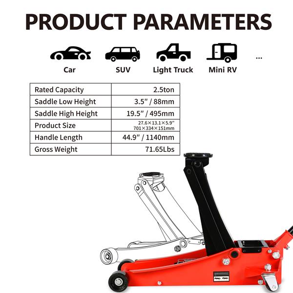 2.5 Ton Low Profile Floor Jack,Steel Racing Floor Jack with Dual PistonsQuick Lift Pump,Hydraulic floor jack  Lifting range 3.5"-19.5"