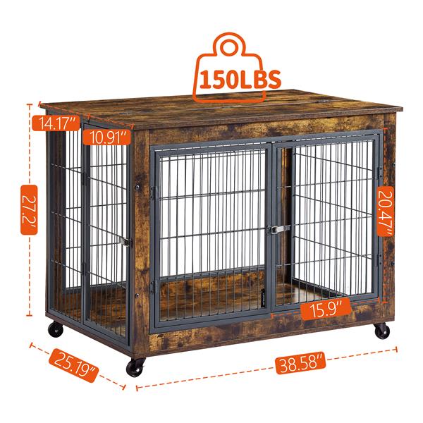 Furniture Dog Cage Crate with Double Doors, Rustic Brown, 38.58'' W x 25.2'' D x 27.17'' H