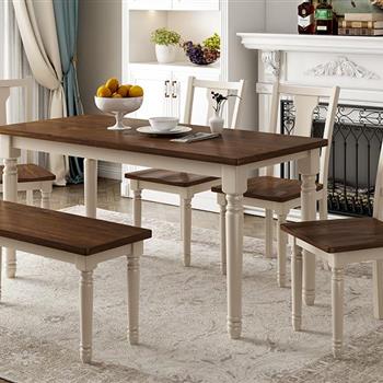 Classic 6-Piece Dining Set Wooden Table and 4 Chairs with Bench for Kitchen Dining Room (Brown+Cottage White)