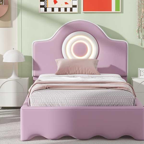 Twin Size Upholstered Platform Bed with LED Headboard, Pink