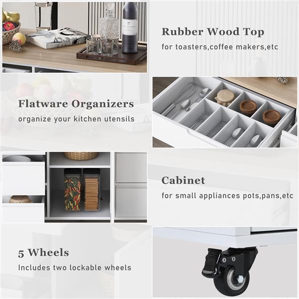 Kitchen Cart with Rubber Wood Countertop , Kitchen Island has 8 Handle-Free Drawers Including a Flatware Organizer and 5 Wheels for Kitchen Dinning Room, White