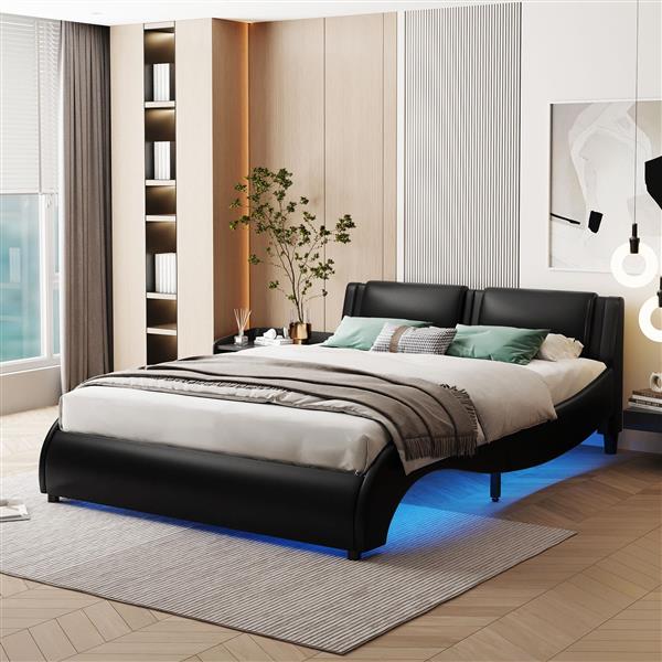 Full Size Upholstered Faux Leather Platform Bed with LED Light Bed Frame with Slatted - Black