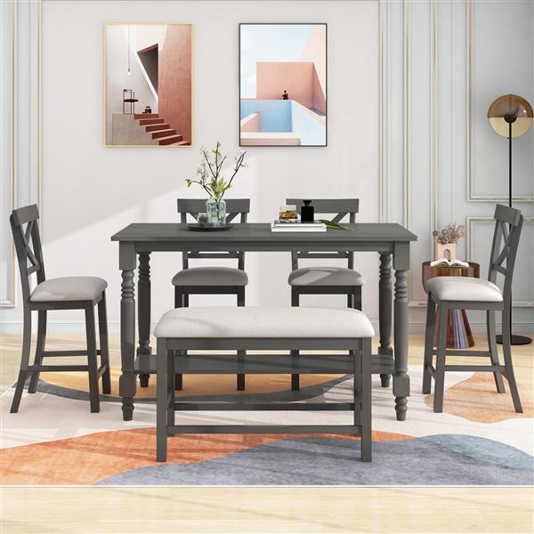 6-Piece Counter Height Dining Table Set Table with Shelf 4 Chairs and Bench for Dining Room (Gray)