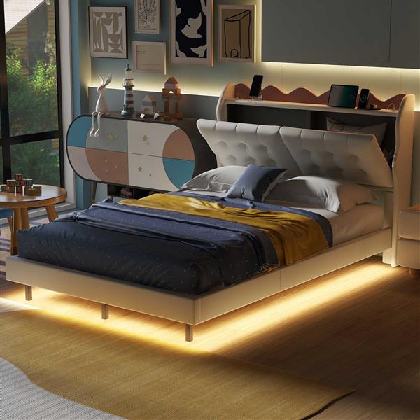 Full Size Upholstery Platform Bed Frame with LED Light Strips,Headboard Storage Space and Two USB Charging Deisgn,Beige