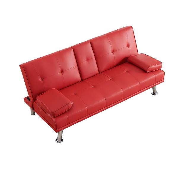 67" Red Leather Multifunctional Double Folding Sofa Bed for Office with Coffee Table