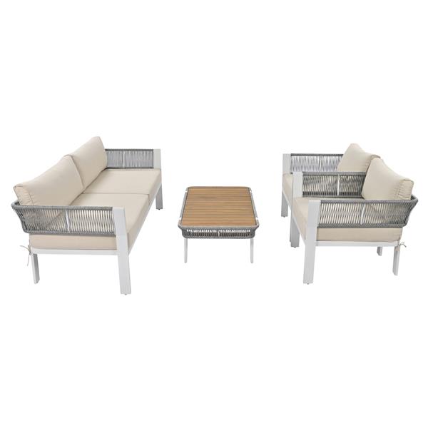 4-Piece Outdoor Patio Conversation Set with Coffee Table and Soft Waterproof Cushions for Garden, Poolside and Backyard(Gray Rope+Beige Cushion)