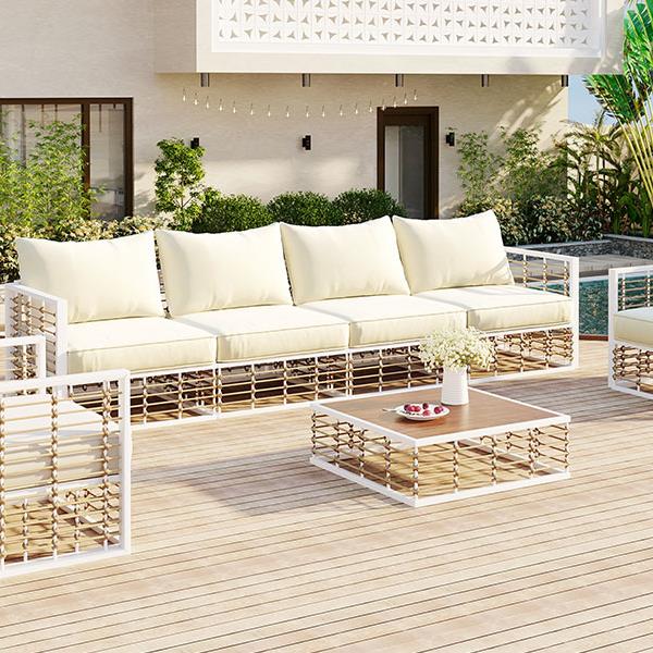 Modern Minimalist 7-Piece Metal Patio Sectional Sofa Set, All-Weather Garden Conversational Furniture Set with Thick Cushions and Coffee Table for Indoor Outdoor, White