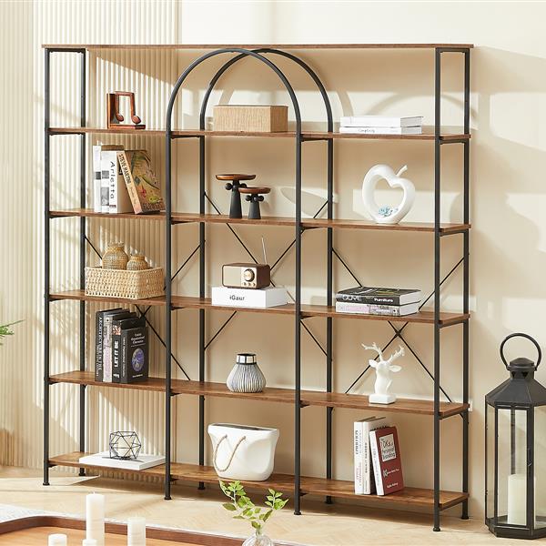 6 Tier Bookcase Home Office Open Bookshelf, Vintage Industrial Style Shelf with Metal Frame, MDF Board, Brown