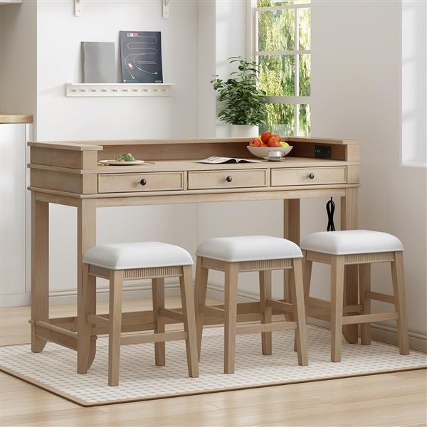 4-piece Dining Bar Table Set with 3 Upholstered Stools, Multifunctional Dining Table with 3 Drawers (Natural Wood Wash)