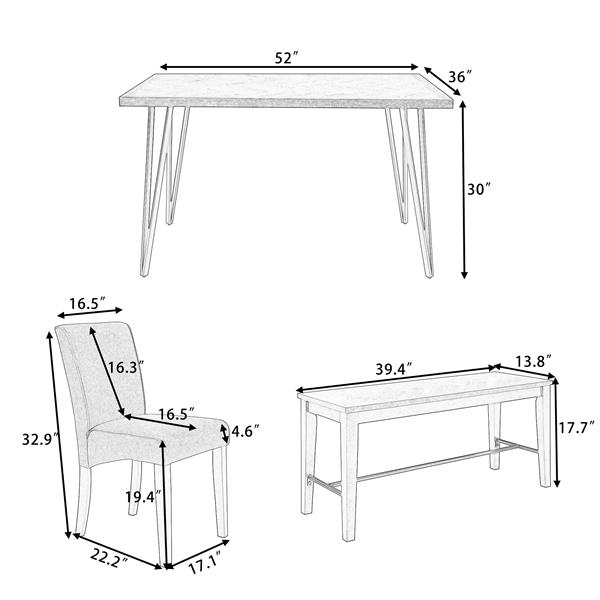 Modern 6-Piece Dining Table Set with V-Shape Metal Legs, Wood Kitchen Table Set with 4 Upholstered Chairs and Bench for 6,Espresso