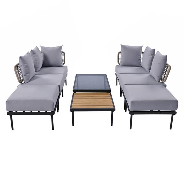 8-Piece Patio Sectional Sofa Set with Tempered Glass Coffee Table and Wooden Coffee Table for Outdoor Oasis, Garden, Patio and Poolside (Light Grey Cushion + Black Steel)