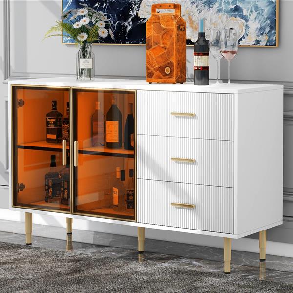 Modern Sideboard MDF Buffet Cabinet Marble Sticker Tabletop and Amber-yellow Tempered Glass Doors with Gold Metal Legs & Handles (White)