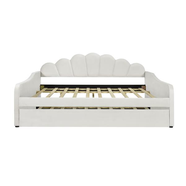 Full Size Upholstery Daybed Frame with Shall Shaped Backrest  and Trundle,White