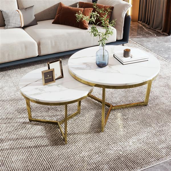 Modern Round Nesting Coffee Table Set 2-Piece White & Marbling Top Gold Base