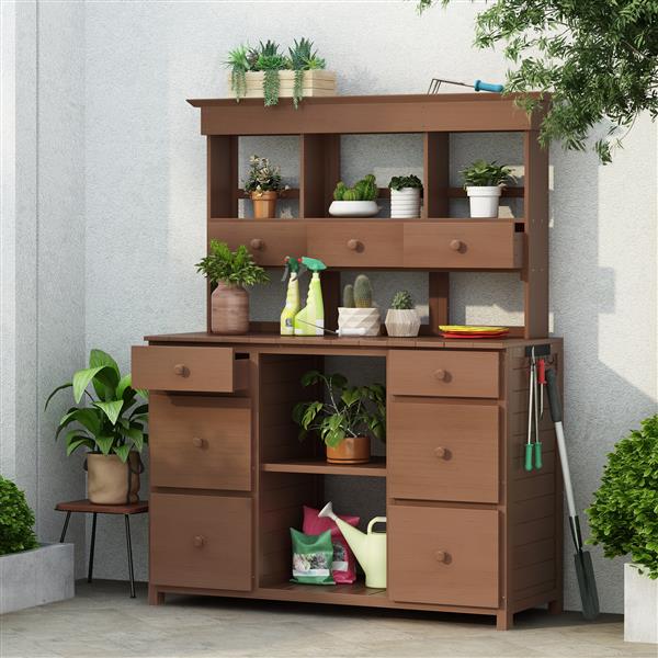 [Video Provided] Garden Potting Bench Table, Rustic and Sleek Design with Multiple Drawers and Shelves for Storage, Brown