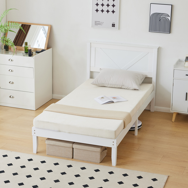 Twin Size Solid Wood Platform Bed Frame with Headboard White