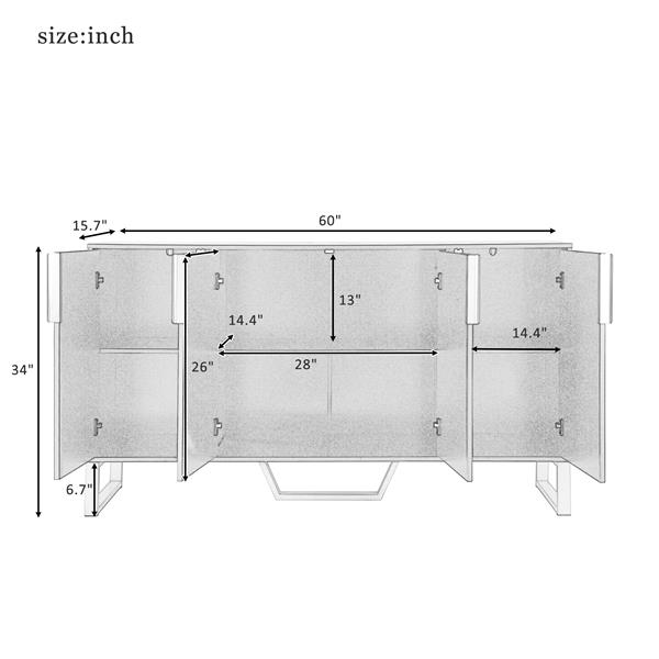 Modern sideboard with Four Doors, Metal handles & Legs and Adjustable Shelves Kitchen Cabinet (White)