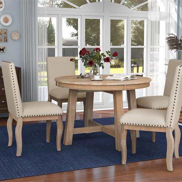 5-Piece Farmhouse Dining Table Set Wood Round Extendable Dining Table and 4 Upholstered Dining Chairs (Natural Wood Wash)