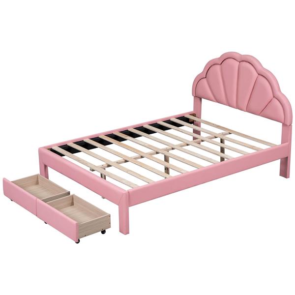 Full Size Upholstered Platform Bed with Seashell Shaped Headboard, LED and 2 Drawers, Pink