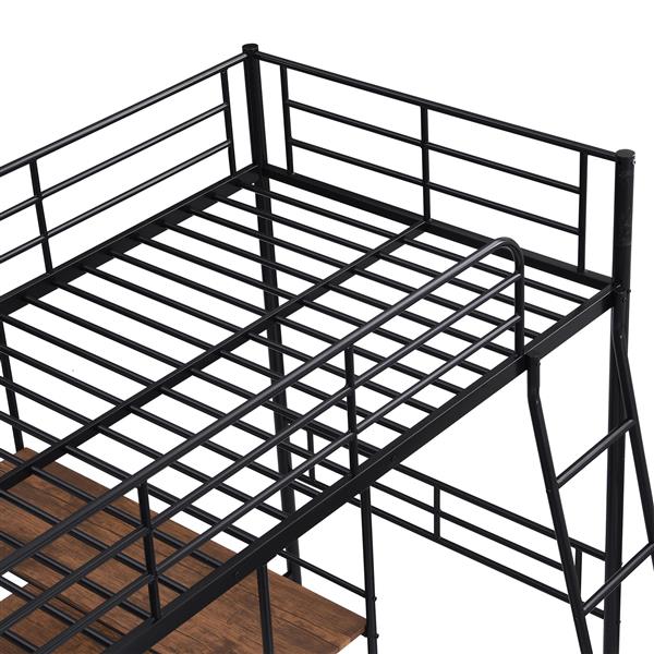 Twin Size Metal Loft Bed and Built-in Desk and Shelves,Black