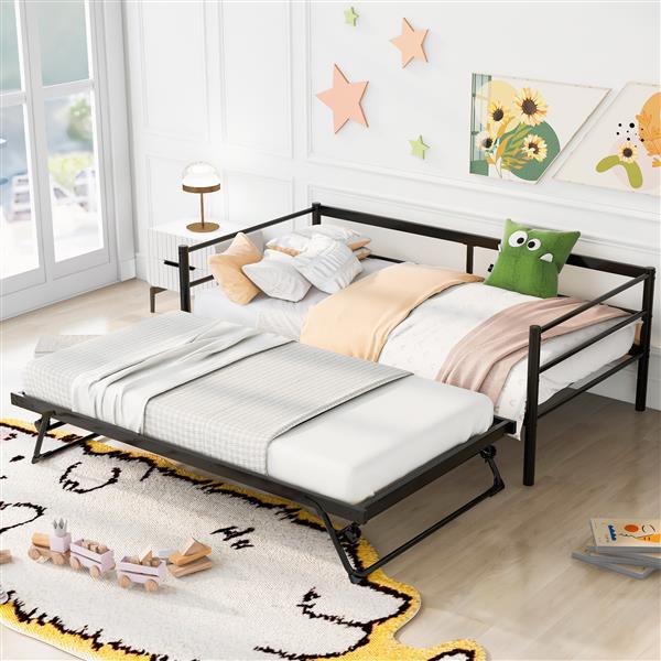 Twin Size Metal Daybed with Adjustable Trundle, Pop Up Trundle, Black