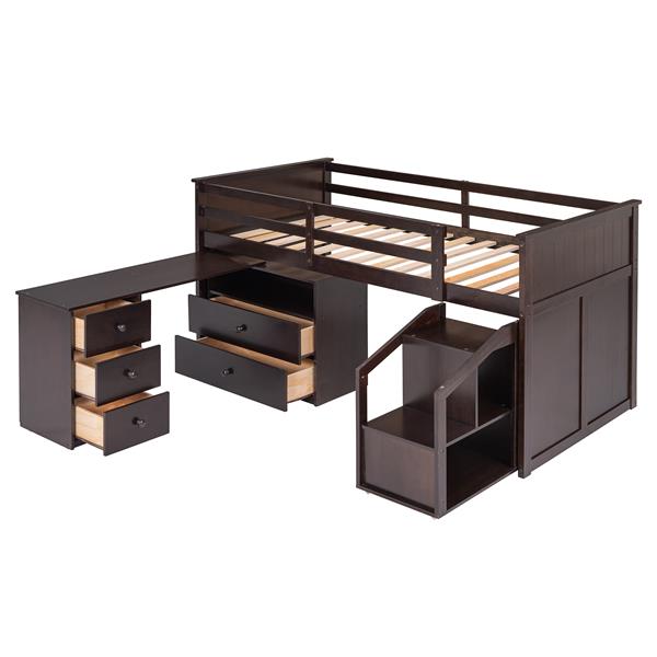 Loft Bed Low Study Twin Size Loft Bed With Storage Steps and Portable,Desk,Espresso