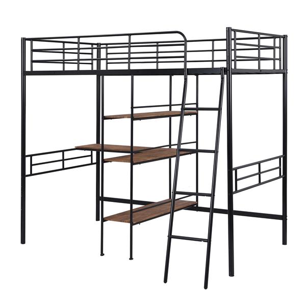 Twin Size Metal Loft Bed and Built-in Desk and Shelves,Black