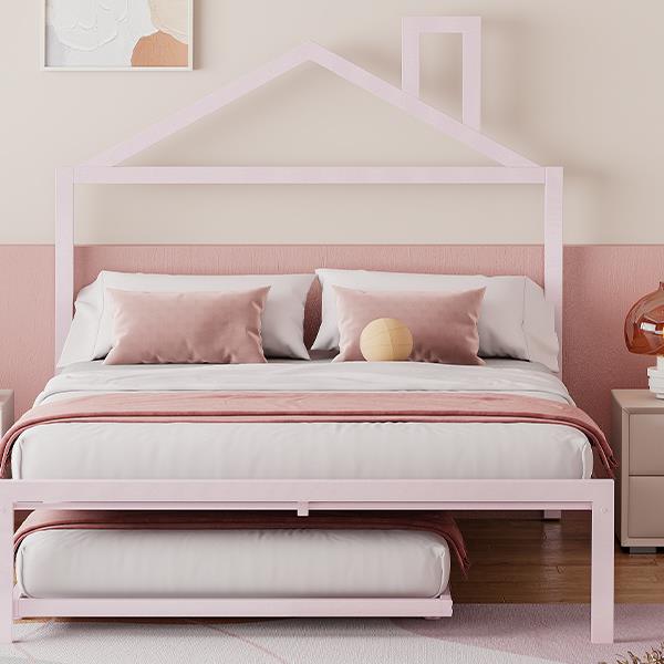 Full Size Metal Platform Bed with twin size trundle,House-Shaped Headboard Design, Pink