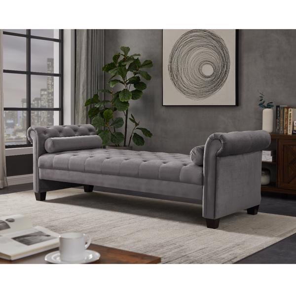 Dark Grey, Solid Wood Legs Velvet Rectangular Sofa Bench with Attached Cylindrical Pillows