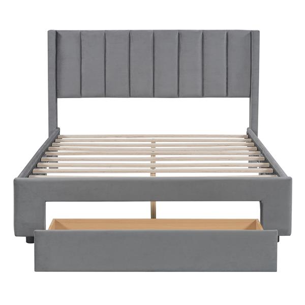 Full Size Storage Bed Velvet Upholstered Platform Bed with a Big Drawer - Gray