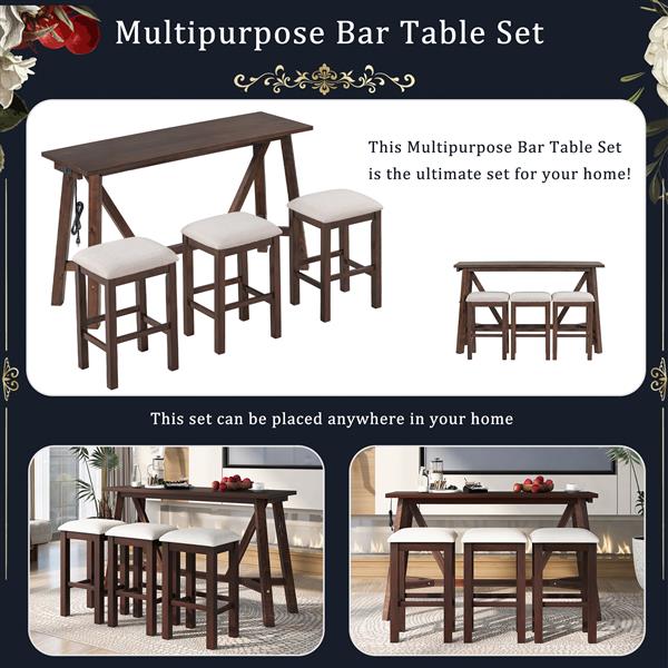 Multipurpose Home Kitchen Dining Bar Table Set with 3 Upholstered Stools(Dark Walnut)