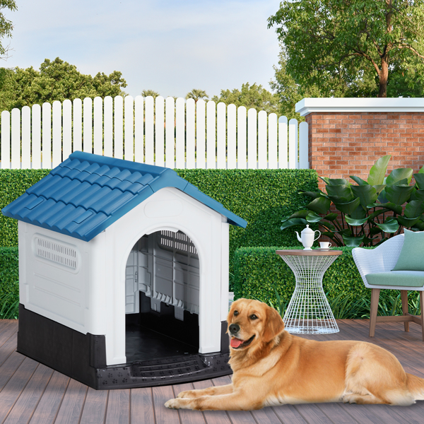 33 inch Large Plastic Dog House, Indoor Outdoor Doghouse Pet House with Air Vents and Elevated Floor, Insulated Water Resistant Puppy Shelter Kennel, Blue & White