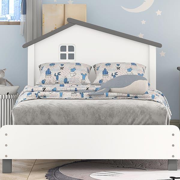 Twin Size Wood Platform Bed with House-shaped Headboard  (White+Gray)