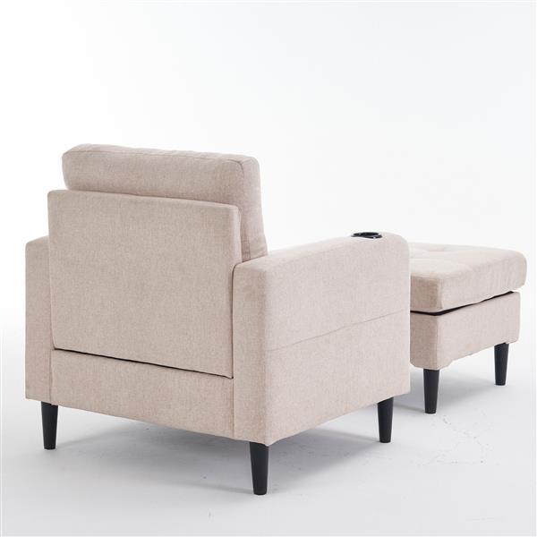 Beige Upholstered Armchair and Storage Ottoman Set - Comfortable Single Sofa with Cup Holders and Tufted Detailing, Ideal for Living Room or Bedroom