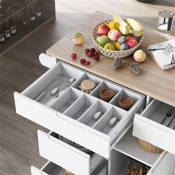 Kitchen Cart with Rubber Wood Countertop , Kitchen Island has 8 Handle-Free Drawers Including a Flatware Organizer and 5 Wheels for Kitchen Dinning Room, White