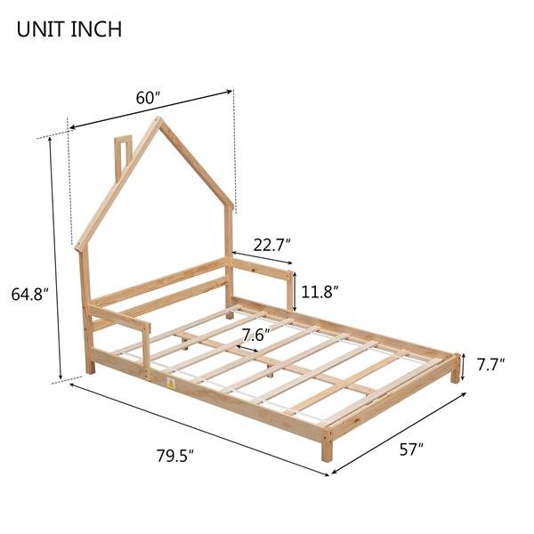 Full House-Shaped Headboard Bed with Handrails ,slats
,Natural