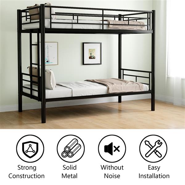 Bunk Bed Twin Over Twin Size with Ladder and high Guardrail, Able to Split, Metal Bunk Bed, Storage Space, Noise Free, Black