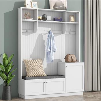 Elegant Design Hall Tree with Comfort and Storage Solutions, Functional Hallway Shoe Cabinet with Bench&Cushion, Modern Coat Rack with Hooks for Entryways, White