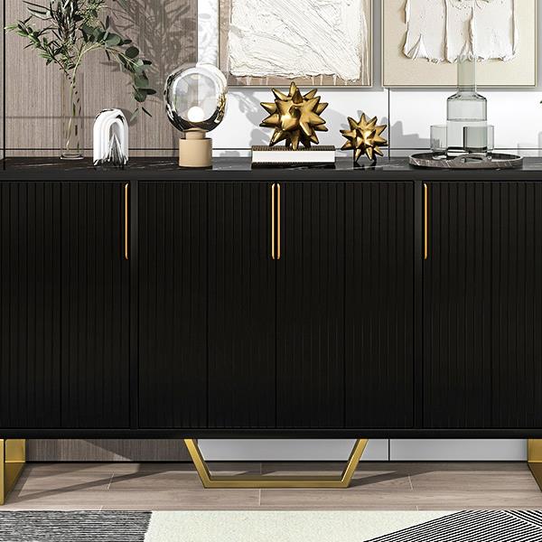 Modern sideboard with Four Doors, Metal handles & Legs and Adjustable Shelves Kitchen Cabinet (Black)