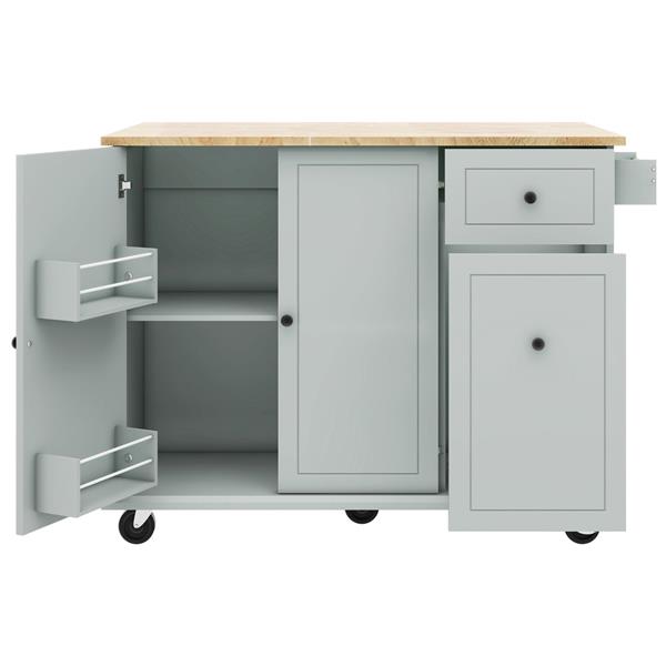 Kitchen Island with Drop Leaf, 53.9" Width Rolling Kitchen Cart on Wheels with Internal Storage Rack and 3 Tier Pull Out Cabinet Organizer, Kitchen Storage Cart with Spice Rack, Towel Rack (Grey Blue)