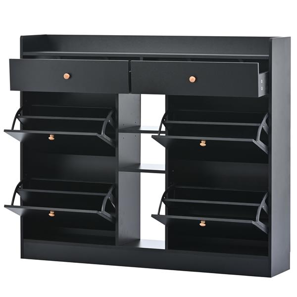 Modern Shoe Cabinet with 4 Flip Drawers, Multifunctional 2-Tier Shoe Storage Organizer with Drawers, Free Standing Shoe Rack for Entrance Hallway, Black.