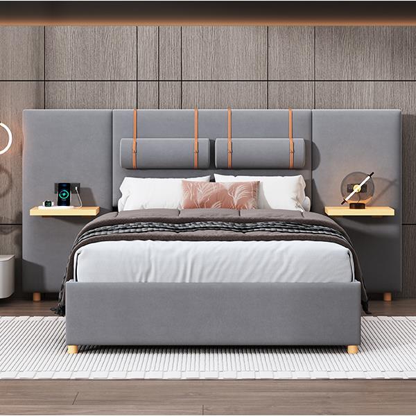 Full size upholstered platform bed with two outlets and USB charging ports on both sides, two bedside pillows, storage shelf, Gray