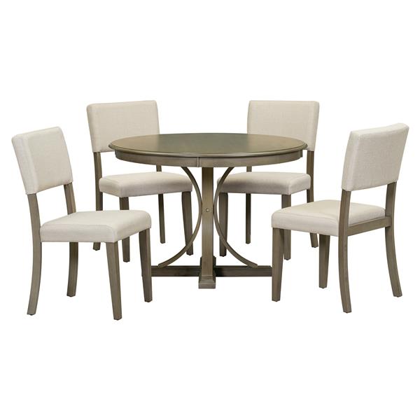 5-Piece Retro Round Dining Table Set with Curved Trestle Style Table Legs and 4 Upholstered Chairs for Dining Room (Taupe)