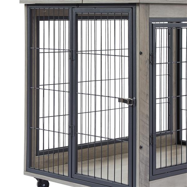 Furniture Style Dog Crate Side Table on Wheels with Double Doors and Lift Top.Grey,38.58''w x 25.5''d x 27.36''h.