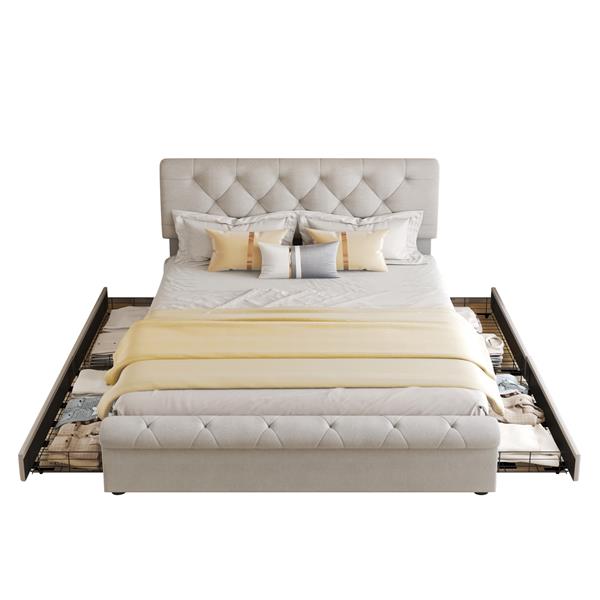 Queen size Upholstered Platform bed with Four Drawers, Antique Curved Headboard, Linen Fabric, Beige (without mattress)