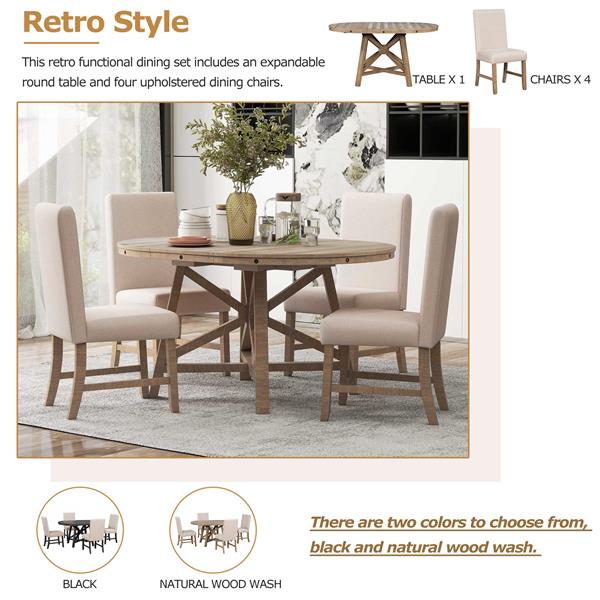 5-Piece Retro Functional Dining Set with Extendable Round Table with Removable Middle Leaf and 4 Upholstered Chairs for Dining Room and Living Room (Natural Wood Wash)