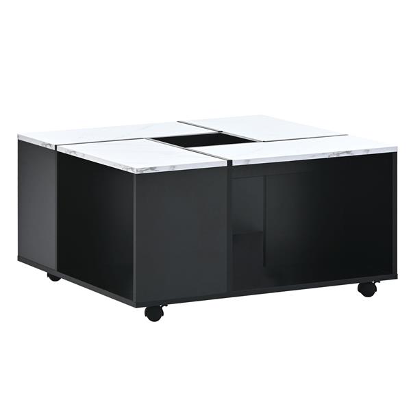 Modern 2-layer Coffee Table with Casters, Square Cocktail Table with Removable Tray, UV High-gloss Marble Design Center Table for Living Room, 31.4''x 31.4''